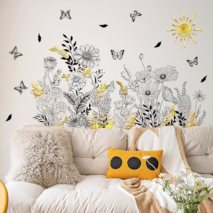 Black Floral Wall Decals with Gold Accents for Living Room Decor - Image 4