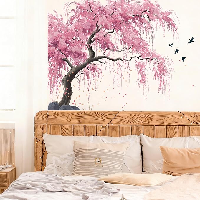 Cherry Blossom Tree Wall Decals Stickers, Watercolor Floral Wall Art Peel and Stick, Removable Vinyl Wall Decor for Bedroom, Living Room, Office, Home Decoration - Image 7