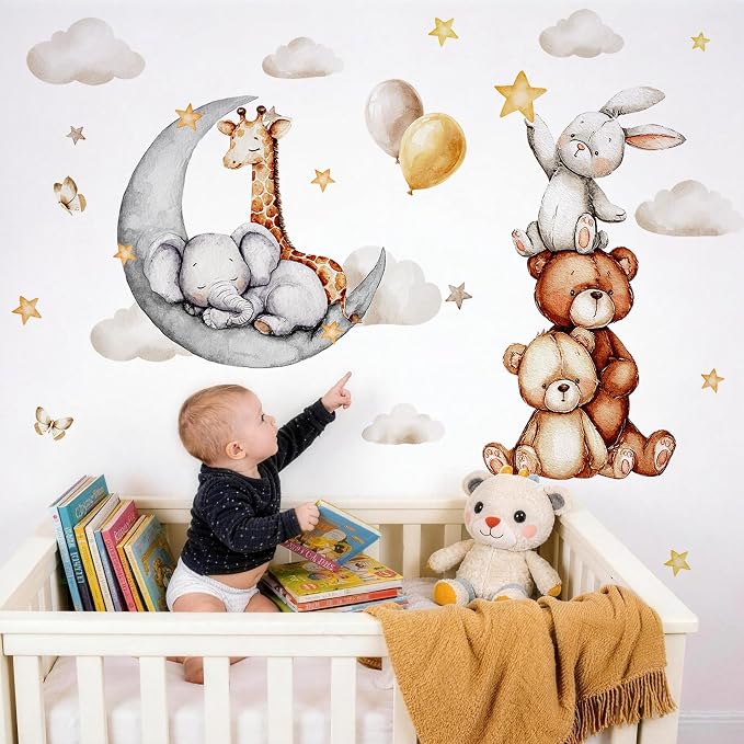 Boho Animals & Moon Wall Decals, Removable Nursery Jungle Animals Balloon Bear Wall Stickers for Kids, Boys and Girls Room, Bedroom, Toddler Room Decor (Animal Stars and Clouds Wall Decor 58) by Unknown