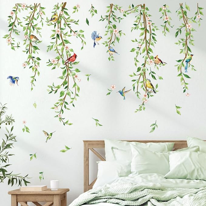 decalmile Green Vine Plants Leaves Birds Sofa TV Wall Decals Stickers by decalmile