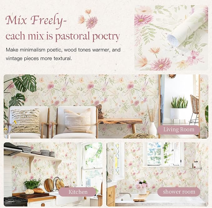 Dimoon Floral Peel and Stick Wallpaper Beige Boho Neutral Cottage Contact Paper Bathroom Cabinets Farmhouse Renter Friendly Removable Waterproof Kitchen Vinyl 386"x17.3" - Image 9