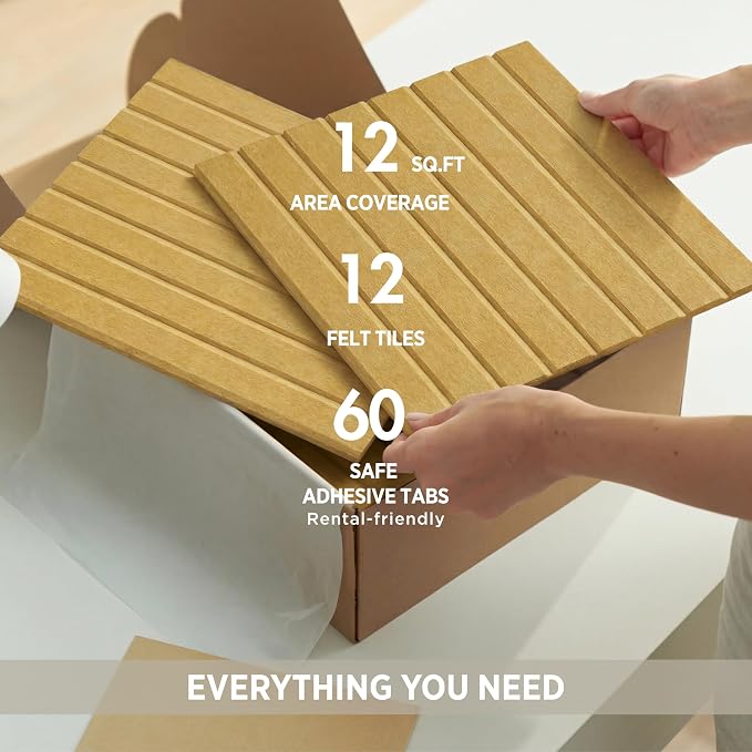 VIVELDA Large Felt Bulletin Board 48 x 36 Inch - 12-Pack Square Acoustic Wall Panels, Cork Board Alternative, NRC 0.95, Damage-Free Adhesive, Slatted Design for Home, Classroom (Mustard) - Image 5
