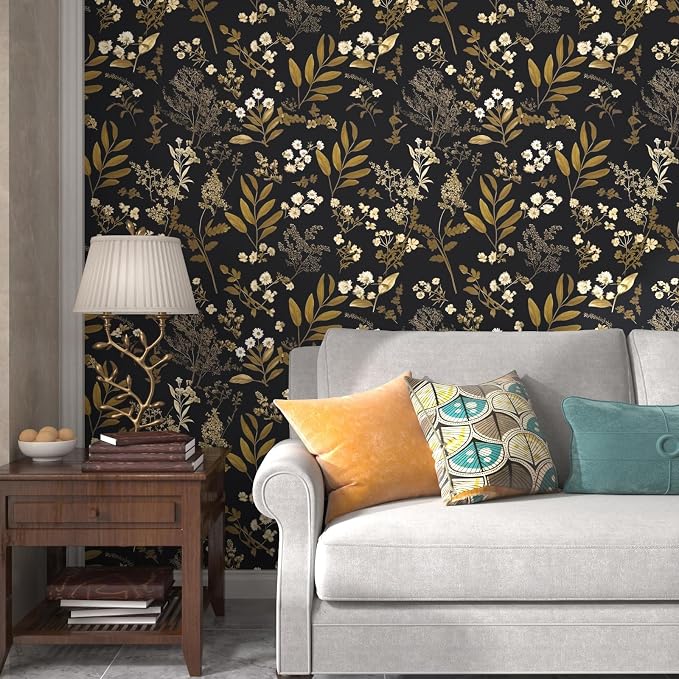 Laatse Vintage Floral Peel and Stick Wallpaper 17.5'' x 78.7'', Black Gold | Self Adhesive/Removable/Waterproof/Thick Vinyl Contact Paper for Bathroom Bedroom Shelf Cabinet Drawer,Prepasted,Easy Peel - Image 4