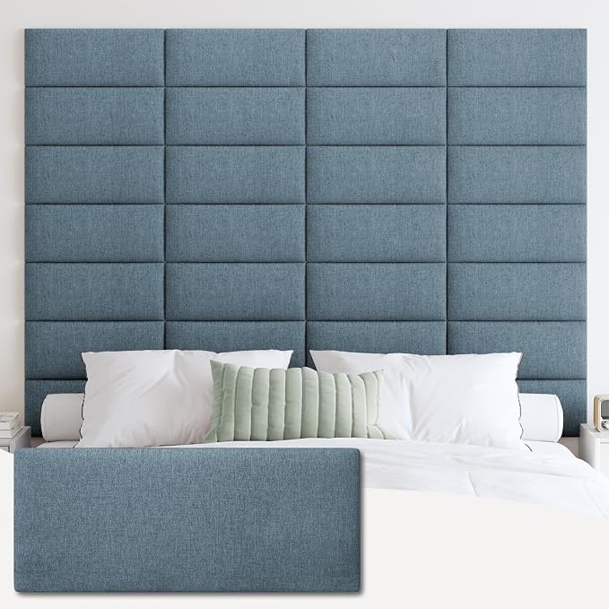 IFNOW Wall Mounted Headboard, Peel and Stick Panels, Dusty Blue, Queen | 3D Soundproof Acoustic Padding, Reusable and Removable, Tufted fabric Bed Headboard, for bedroom (9 Panels, 10" x 24") by IFNOW