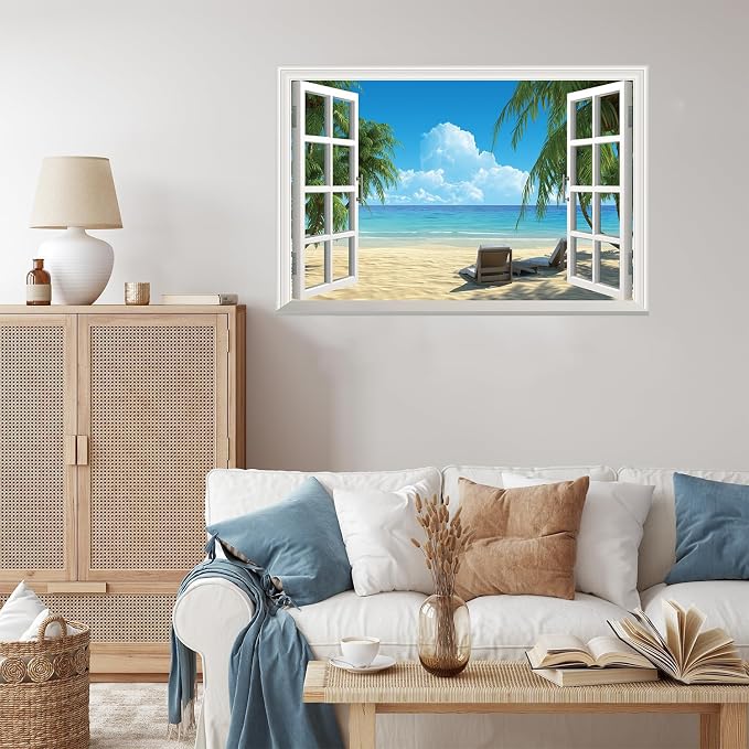 ‌Lmyhome Fake Window Wall Mural Summer Blue Sky White Beach (16"x24") | Peel and Stick Faux Window Wall Sticker Decal Poster for Bedroom Home Decor - Image 6