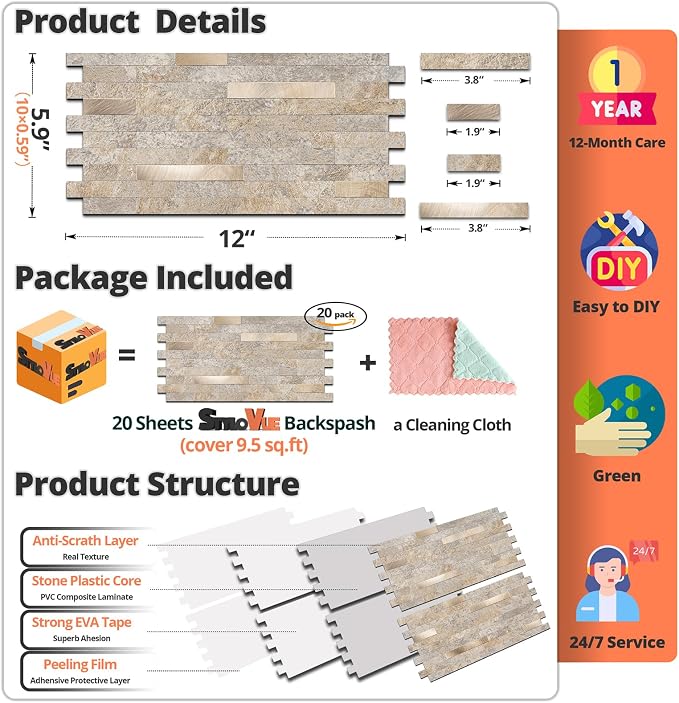 StyloVue 20 Sheets Peel and Stick Backsplash, Dark Beige with Metal Gold Look PVC Wall Tiles Upgrade Your Kitchen Backsplash, RV, Fireplace - Image 5