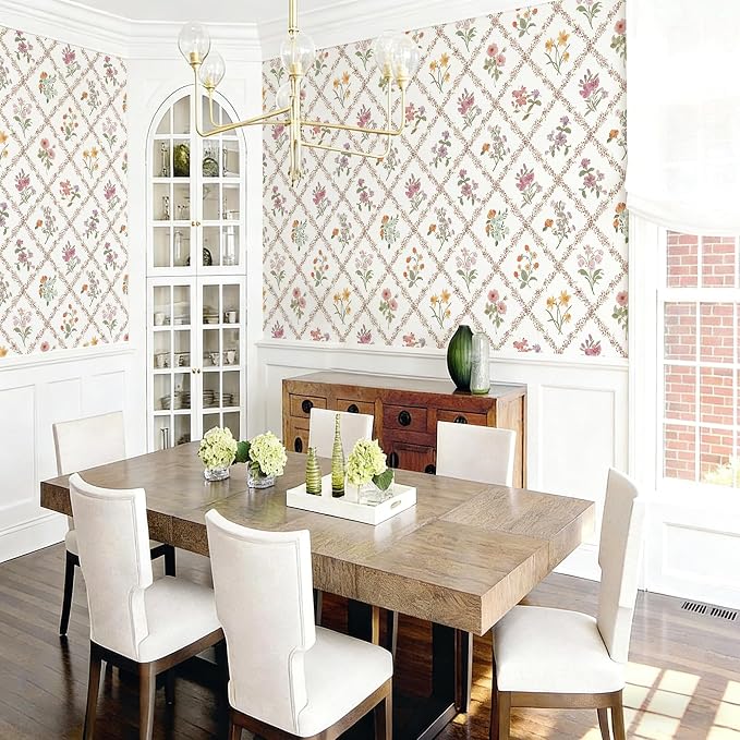 16.9 in x197 in Red Floral Peel and Stick Wallpaper Watercolor Floral | Boho Self Adhesive Wallpaper Modern Trellis Contact Paper DIY Removable Wallpaper for Bedroom Cabinets Drawers Decor Vinyl - Image 5