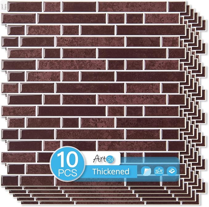 Art3d 10-Sheet Heavy-Duty Peel and Stick Backsplash, Waterproof Wall Tiles Stick on Kitchen Backsplash Living Space, Dark Burgundy by Art3d