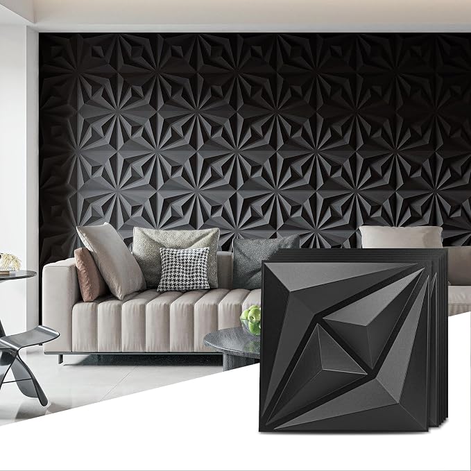 AMZDEPOT 3D Wall Panels, Black, 12x12 Inch, 20 Pcs | PVC Textured, 3 Layout Options, for Interior Wall Decor, for Living Room Bedroom TV Background Gaming Room by AMZDEPOT