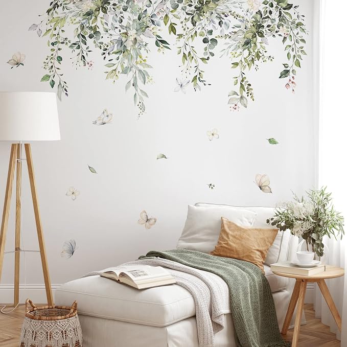 Supzone Hanging Green Leaves Wall Decals - Watercolor Plants Stickers, Large Floral Butterfly Decor, DIY Vinyl Mural Art for Bedroom, Living Room, Offices, Sofa, TV Backdrop - Image 8