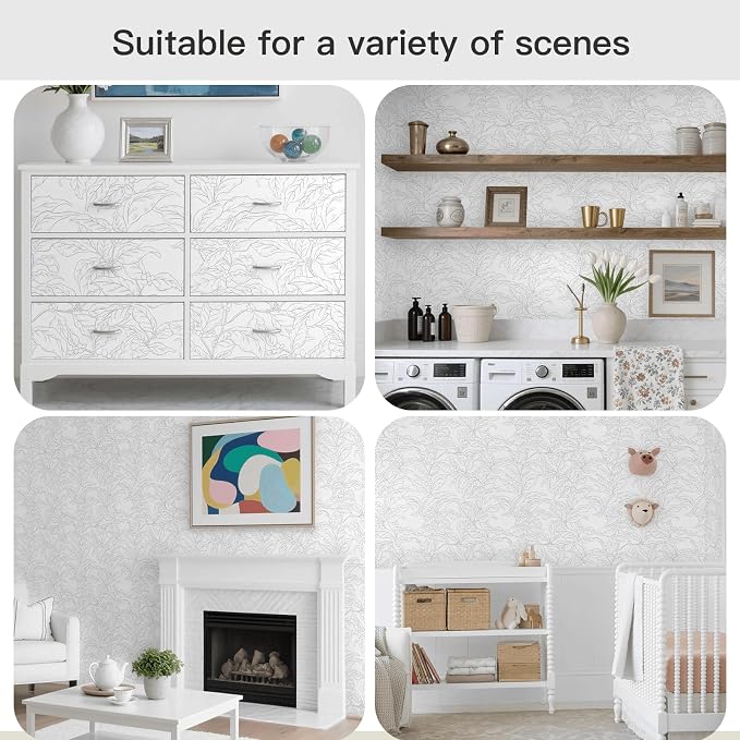 Heroad Boho Peel and Stick Wallpaper Grey and White Floral Contact Paper 17.3"x78.7" Leaf Wall Paper Removable Self-Adhesive Wallpaper for Cabinet Bedroom Bathroom Waterproof Decor Vinyl Roll - Image 8