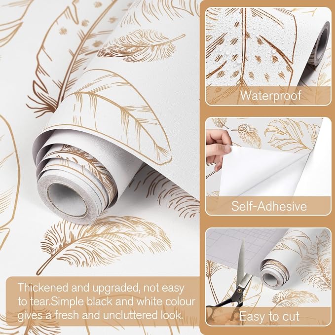 White Peel and Stick Wallpaper 17.7"x120" Feather Wallpaper Removable Modern Vinyl Wall Paper Waterproof Contact Paper for Bedroom Living Room - Image 2