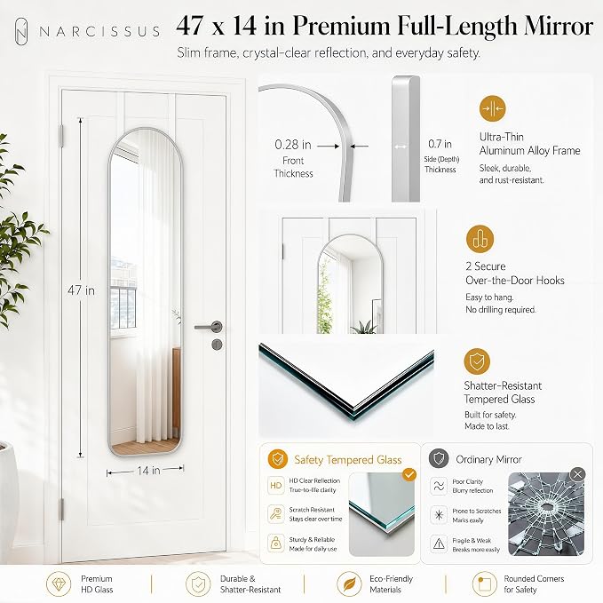 NARCISSUS Over the Door Full Length Mirror 47x14 Inch, Wall Mounted Dressing Mirror, Door Hanging Full Body Mirror HD Reflection Glass for Bedroom, Aluminum Alloy Frame Silver - Image 2