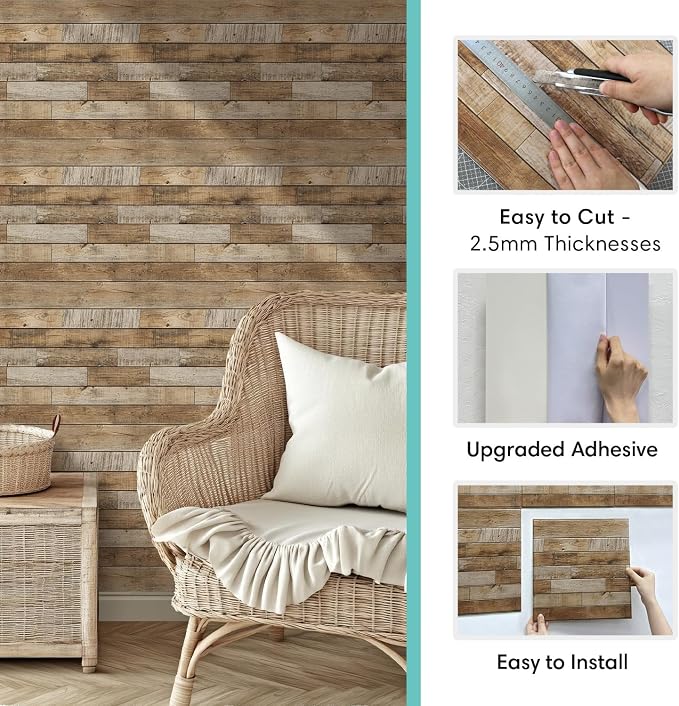 Commomy Faux Wood 3D Wall Sticker Peel and Stick Tiles 10 Pcs 11.8" x 11.8" | Ultralight Thin PVC Wood Grain Wallpaper Tiles for Quick DIY Wall Paneling Decor(9.7sq.ft) - Image 5