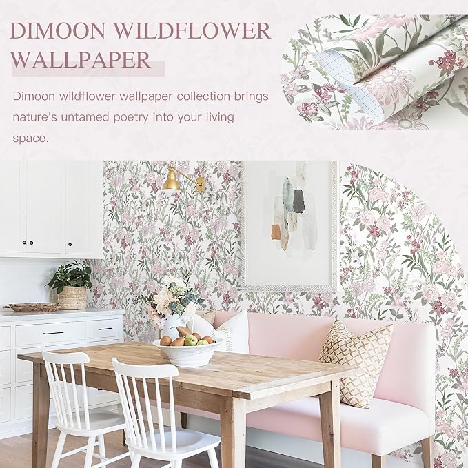 Dimoon 78.7"x17.3" Vintage Wallpaper Floral Peel and Stick Wallpaper Boho Contact Paper White Pink Green Cute Flower Removable Wall Paper Renter Friendly Kitchen Shelf Bathroom Self Adhesive Vinyl - Image 3