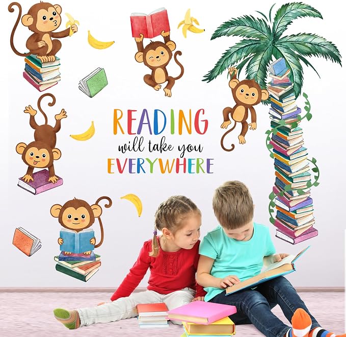 Mfault Monkey Reading Book Wall Decals Stickers, Reading Will Take You | Everywhere Nursery Classroom Decorations Bedroom Art, Jungle Animal Inspirational Neutral Toddlers Kids Room Reading Corner - Image 4