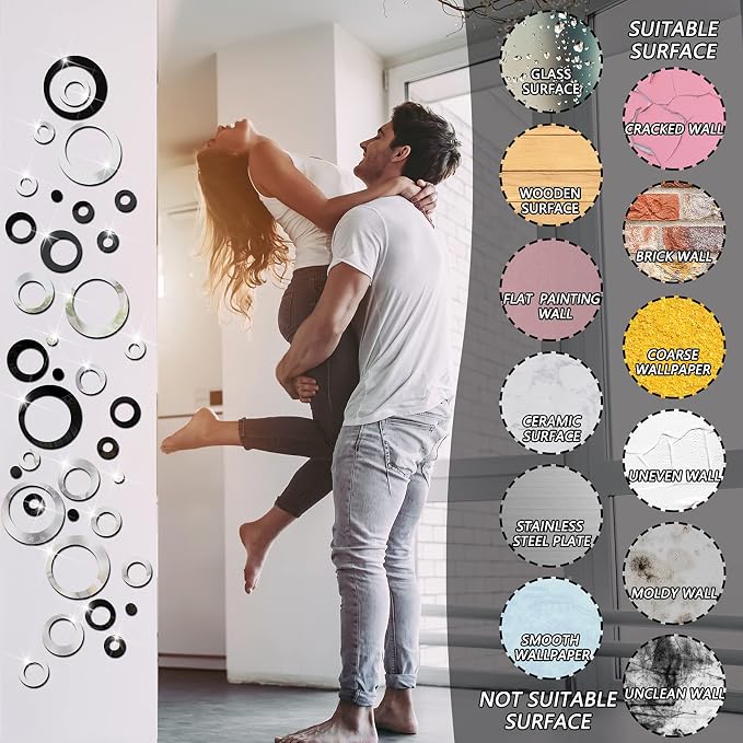 Outus 72 Pieces Wall Stickers Decor Acrylic Circle Mirror Removable Black and Sliver Wall Decor Round Dots DIY Red Living Room Decals Modern Art Murals for Home Bathroom Bedroom Decoration - Image 7