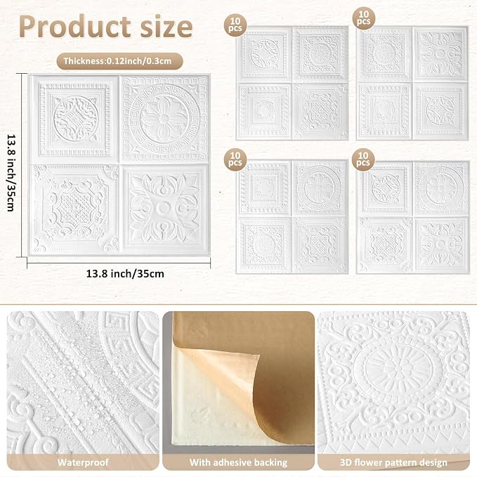 Nuanchu 40 Pcs 13.8 x 13.8 Inch Ceiling Tiles Peel and Stick, Various | Foam White 3D Wall Panels 26-105.5 Sq. ft Adhesive Glue up Waterproof Wallpaper for DIY Office Home - Image 2