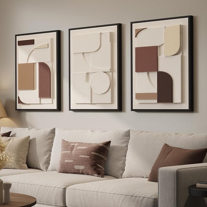 3D Textured Neutral Abstract Framed Wall Art Set of 3, 16x24 In | Wood Frames, Brown and Cream, 3 Piece Sandstone Texture Paintings, Modern Geometric Sculptural Wall Decor Living Room Bedroom - Image 2