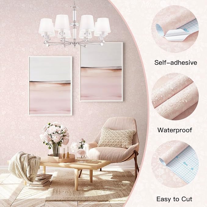 Guvana Pink and White Peel and Stick Wallpaper Floral Wallpaper Slef Adhesive Removable Waterproof Contact Paper Boho Wall Paper for Living Room Bedroom Stair Kitchen Bathroom 17.3''x197'' - Image 2