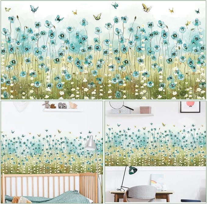 LiveGallery Blue Flowers Wall Decals White Daisy Wall Stickers DIY Peel and Stick Butterfly Plants Wall Sticker for Baby Kids Girls Bedroom Nursery Living Room Office Corners Skirting Lines - Image 3