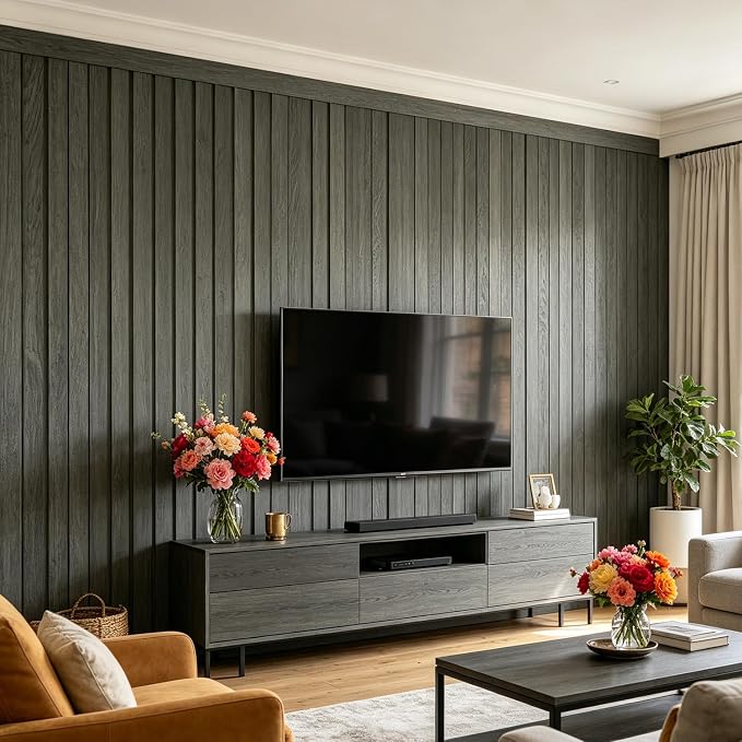 YENHOME 30"X118" Wood Slat Wallpaper Peel and Stick Wood Slat Wall Panel Waterproof Natural 3D Removable Wall Paper Black Contact Paper for Cabinets Shelves Vinyl Wrap for Countertops Furniture Walls by Yenhome