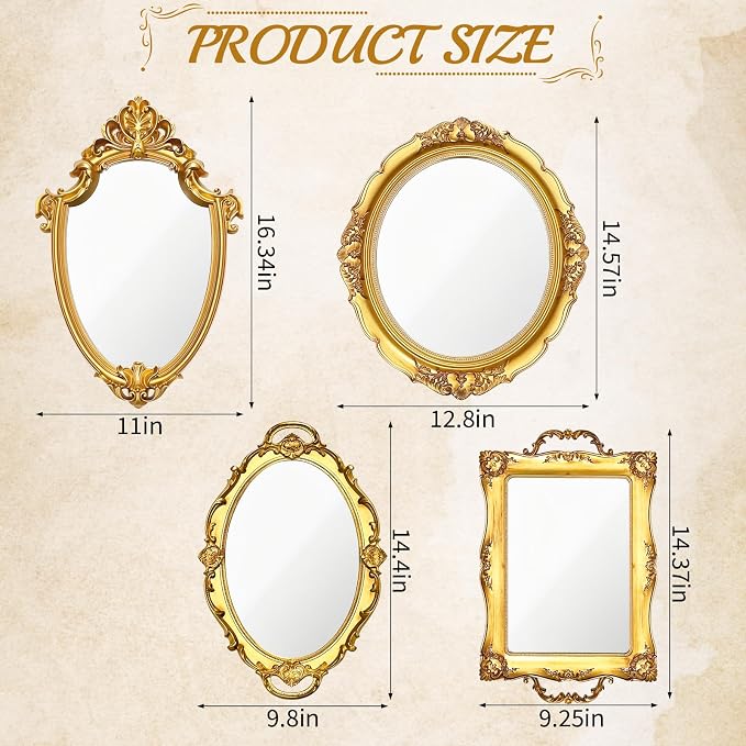 4 PCS Vintage Gold Mirror Set Vintage Mirrors for Wall Antique Shield Shape Square Oval Decorative Mirror Jewelry Dresser Organizer Tray for Living Room Bedroom Wedding Desktop Photography Decoration - Image 2