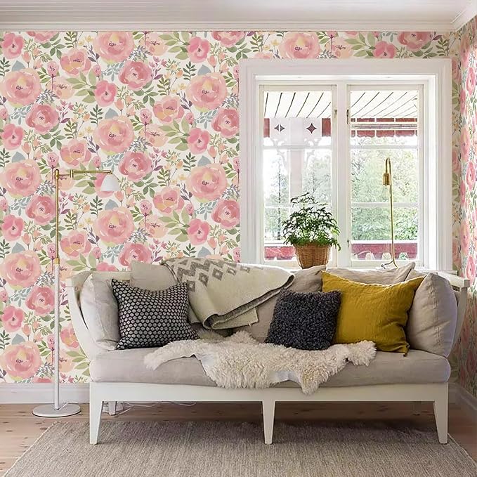 Orainege Peel and Stick Wallpaper Peony Floral Wallpaper Self Adhesive | 16.9in x118.1in Floral Wallpaper Contact Paper Waterpoof Wall paper for Bedroom Living Room Decor, Easy to Install - Image 3