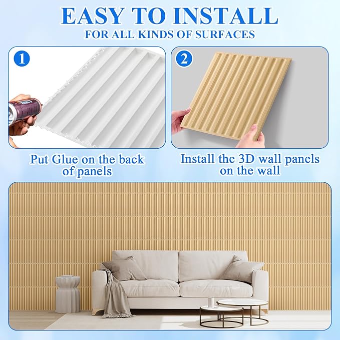 Nuanchu 60 Pcs 3D Wall Panels, 12"x12" PVC Fluted Tiles, Natural Oak | Waterproof Accent Panels, Paintable Wall Tiles, for TV Background, Bedroom, Bathroom, Gaming Room, Cuttable Home DIY Decor - Image 4