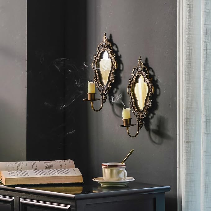 SOFFEE DESIGN Set of 2 Antique Gold Wall Sconces, Vintage Candle Holder with Distressed Mirror & Ornate Frame, for Taper Candles in Bedroom Hallway Decor - Image 3