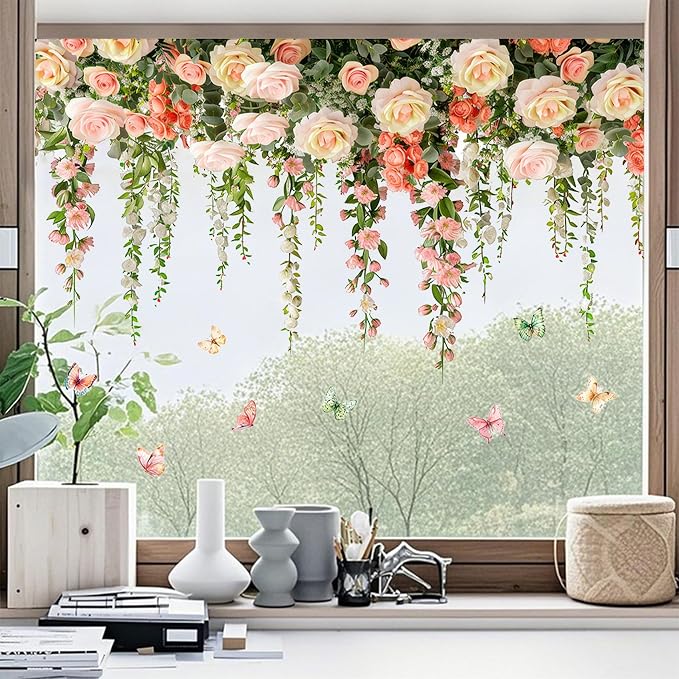 Vivid Roses Wall Stickers, Hanging Vine Floral Wall Decals Butterfly Sticker, Peel and Stick Wallpaper for Baby Nursery Girls Bedroom Living Room Decor - Image 4