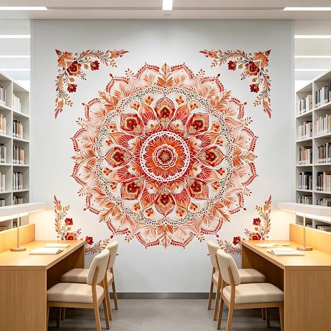Watercolor Boho Floral Flower Mandala Peel and Stick Wall Decals Decor | Red orange mandala flowers wall stickers mural, classic removable vinyl decor for living room bedroom meditation space decor - Image 5