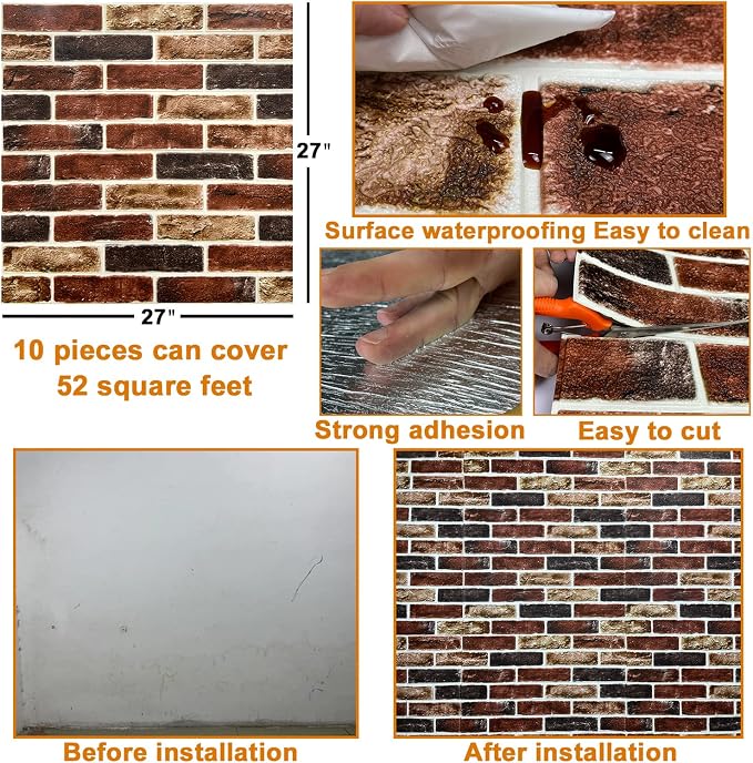 10-Pack 52 Sq.Ft 3D Wall Panels Peel and Stick 3D Faux Brick Wallpaper Peel and Stick Yellow Brown Faux Stone Wall Panel Foam Brick Self-Adhesive 3D Wallpaper - Image 6