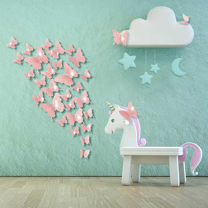 BBTO 48 Pcs 3D Butterfly Mirror Wall Decor,Glitter Pink | Butterfly Stickers,3 Sizes,for Birthday Party Cake,Room Nursery Bathroom Wall Decor,Removable Peel Stick,Reflective - Image 4