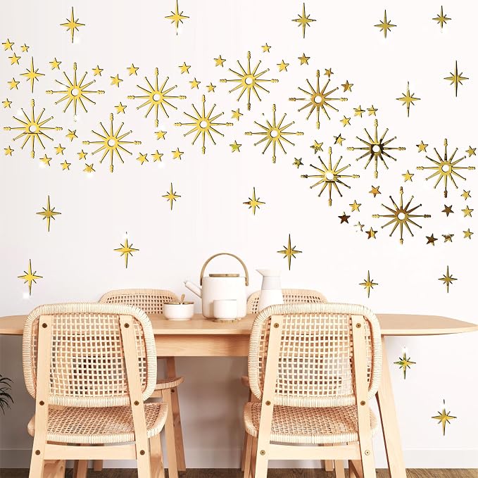 Star Wall Decals MCM Starburst Stickers Golden Mirror Decal Peel and Stick | Celestial decor, sparkle wall stickers, modern mid century decor, removable art mural, for kids bedroom living room farmhouse - Image 6