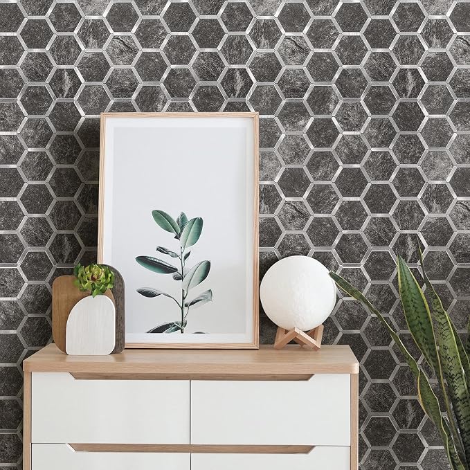 STICKGOO Hexagon Peel and Stick Backsplash Tile, Stick on Backsplash for Kitchen and Bathroom, Black Slate Look PVC Mixed Metal Silver Self Adhesive Wall Tiles(10 Sheets, Seamless) - Image 6