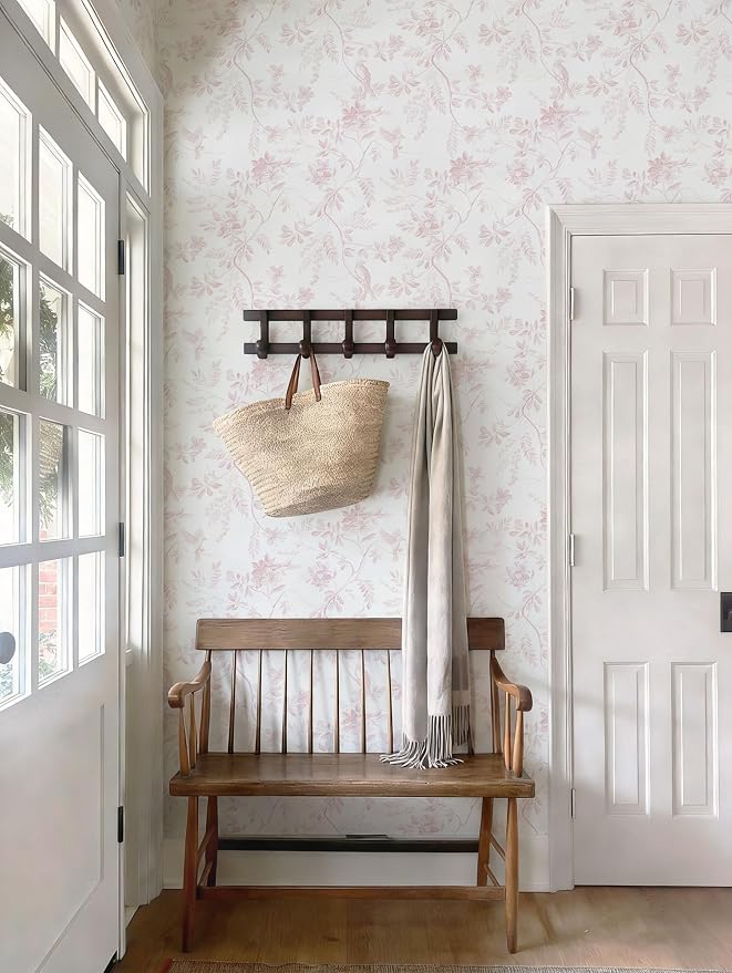 Dimoon Pink Peel and Stick Wallpaper Floral Contact Paper Boho Modern Cottage Wall Paper White Bird Village Wallpaper Renter Friendly Botanical Waterproof for Bathroom Kitchen 78.7"x17.3" - Image 3
