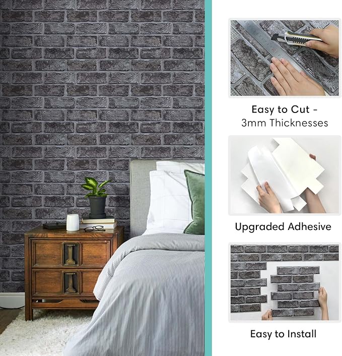 Commomy 3D Faux Brick Wall Panels - 10 pcs 11.8" x 11.8" | Small Size Thin PVC Brick Wallpaper Tiles Backsplash for Kitchen,Bedroom,Living Room,Quick DIY Wall Decor(Covers 9.7 sq.ft) - Image 6
