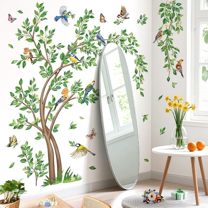 decalmile Green Tree Flying Leaves Birds Wall Decals Stickers (XL) by decalmile