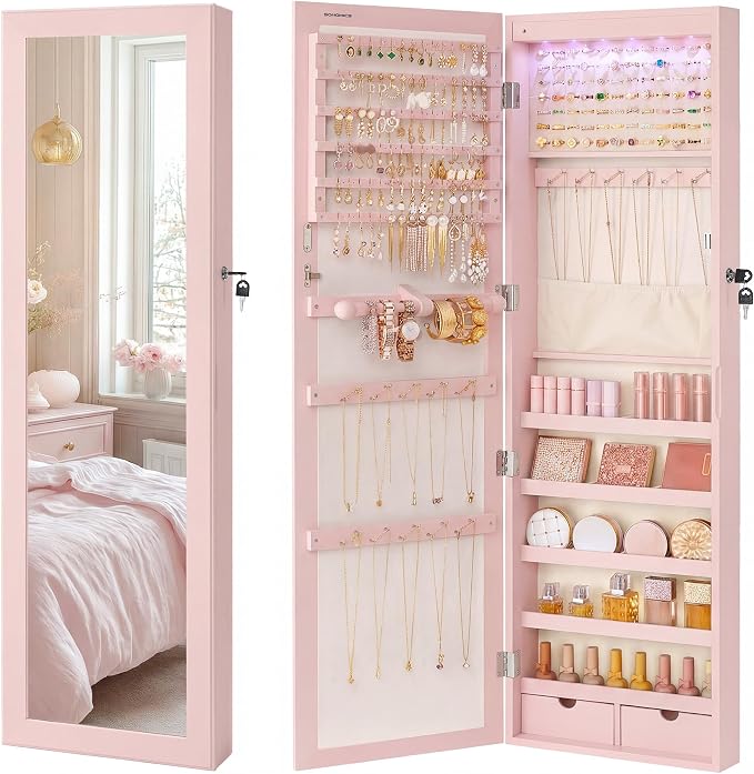 SONGMICS 6 LEDs Mirror Jewelry Cabinet, 47.2-Inch Tall, Lockable by Unknown