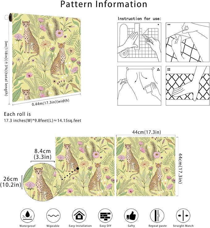 Floralplus Peel and Stick Wallpaper Floral Cheetah Wallpaper | Removable, Stick On, Renter Friendly Wallpaper, Boho Tropical Leopard Contact Paper for Living Room, 17.5 x 118 in - Image 8