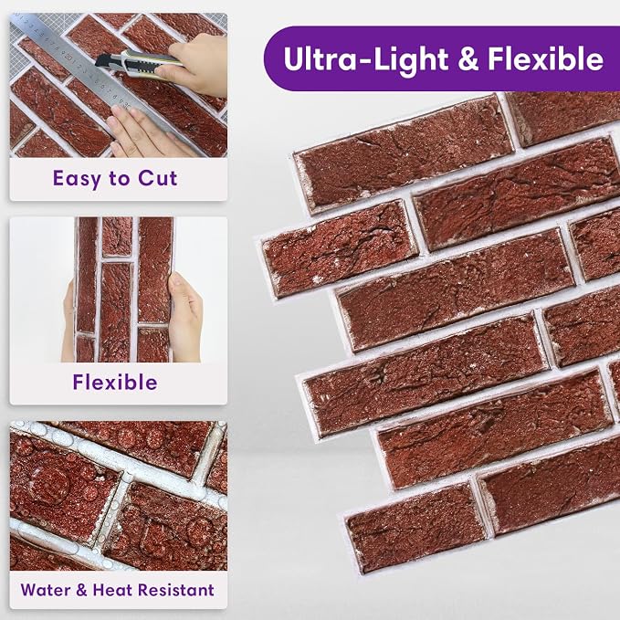 3D Faux Brick Wall Panels Peel and Stick, Designed for Quick DIY | Dark Red, 10 Pcs 11.8" x 11.8", Small Brick-Look, Ultra-Light PVC Fake Brick Covering for Wall Renovation, Cover 9.7 sq ft - Image 8