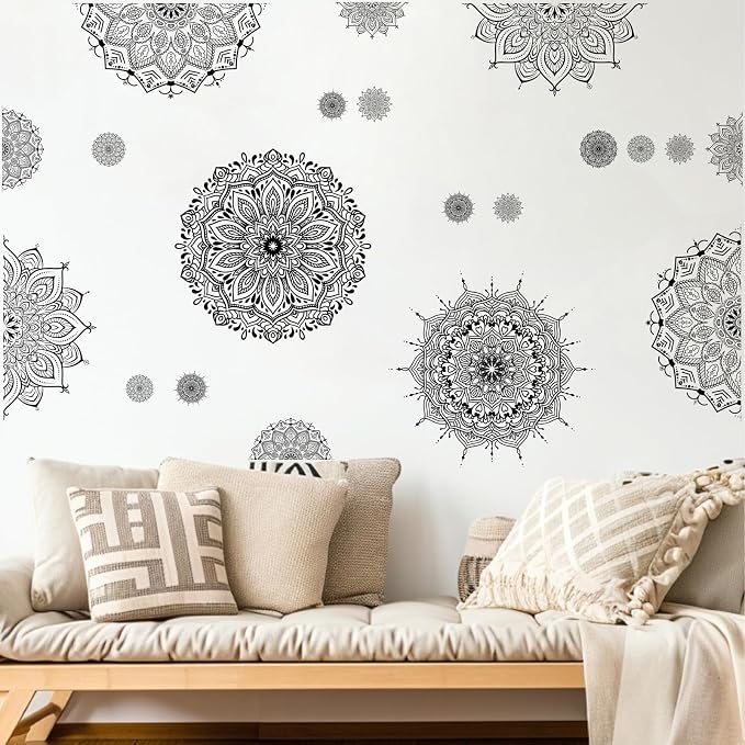 Kazova Large Mandala Wall Sticker Black Peel and Stick Art Murals Boho Mandala Decals for Bedroom Living Room Farmhouse Yoga Home Decoration by Kazova