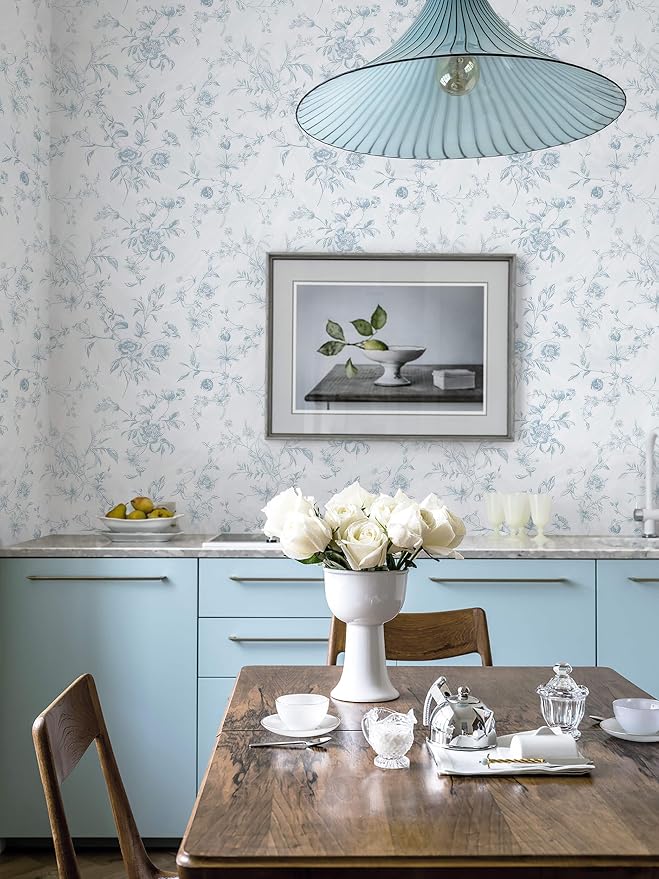 Ismoon Blue Wallpaper Peel and Stick Floral Vintage Stick on Wall Paper French Textured Contact Paper for Cabinet Removable Self Adhesive Wallpaper Vinyl Roll Shelf Deco, 17.3x196in - Image 8