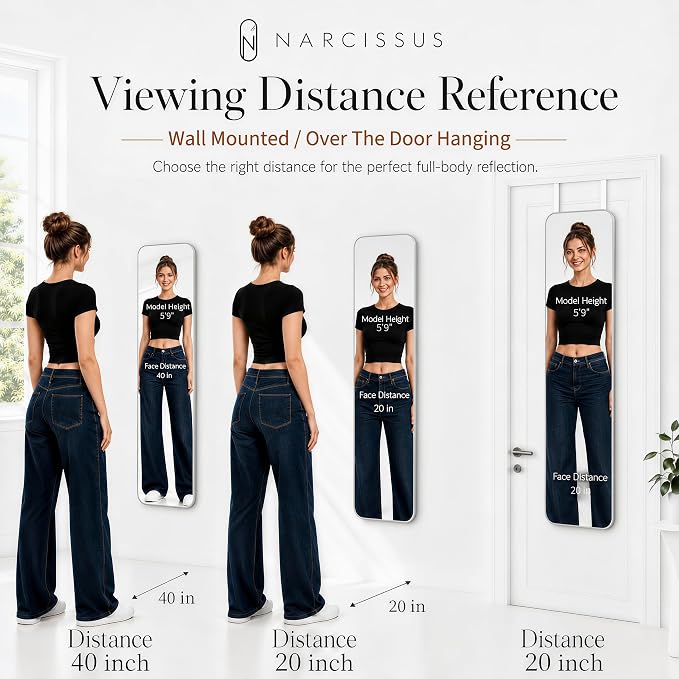 NARCISSUS Over the Door Full Length Mirror 47x14 Inch, Wall Mounted Dressing Mirror, Door Hanging Full Body Mirror HD Reflection Glass for Bedroom, Aluminum Alloy Frame Silver - Image 8