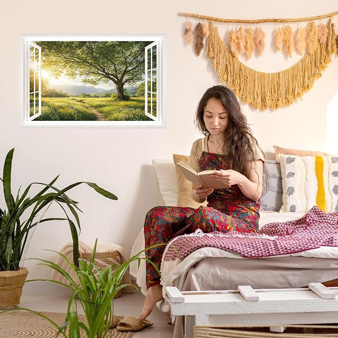 IARTTOP Fake Window Wall Mural Sticker 33"x20.4" Green Tree Sunrise Mountain Countryside Nature Scenery Wall Decal Window View Landscape Decals Decor for Bedroom Living Room Office - Image 6