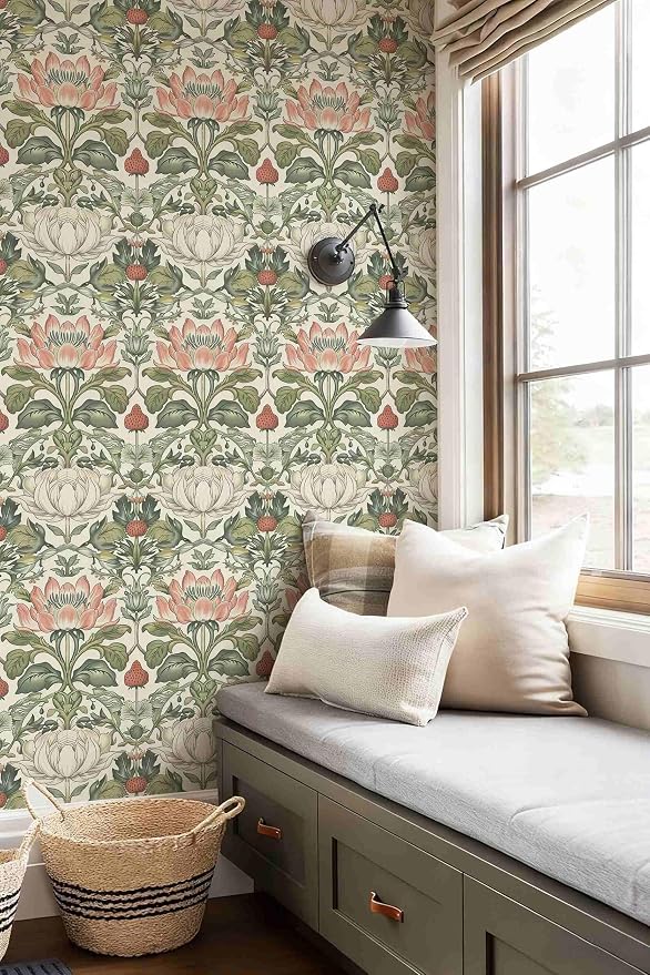 Vintage Wallpaper William Morris Botanical Peel and Stick Wallpaper | Symmetrical antique floral wildlife vinyl wall covering, removable & waterproof, for cottage living room interior decoration. - Image 4