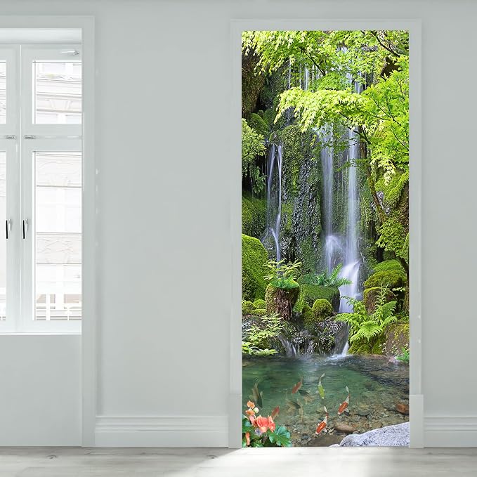 artfanke 3D Peel and Stick Door Sticker 33.5"x84.6"-Self-Adhesive Door Murals Wallpaper-Green Forest Waterfall Wall Decal for Home Decor (2 Sheets/Set) - Image 4
