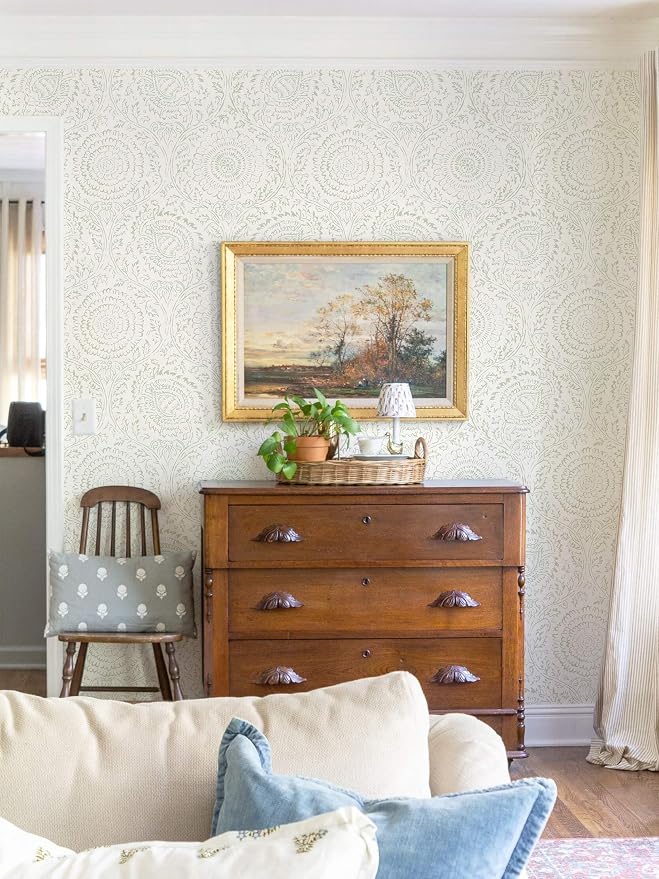 Ismoon Green Peel and Stick Wallpaper Boho Floral Contact Paper 17.3x393in | Beige Renter Friendly Wall Paper Textured Self Adhesive Removable Wallpaper for Bedroom Kitchen Thicken Vinyl Waterproof - Image 5