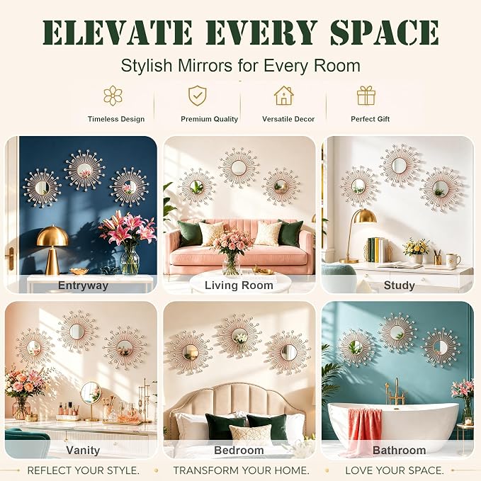 3 Pack Metal Mirrors for Wall Sunburst Wall Mirrors Home Décor Decorative Hanging Wall Art for Living Room Bedroom Entryway (Rose Gold2 Crystal, Sunburst) - Image 7